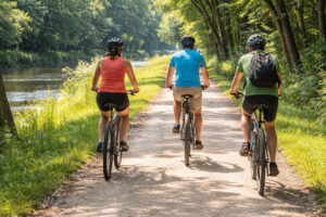 Bicyclists riding the La Crosse River State Trail near Sparta Wisconsin