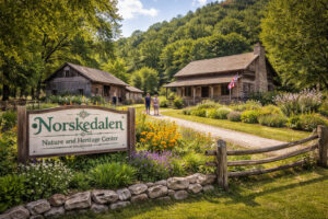 Norskedalen Nature and Heritage Center historic buildings and gardens near Coon Valley Wisconsin