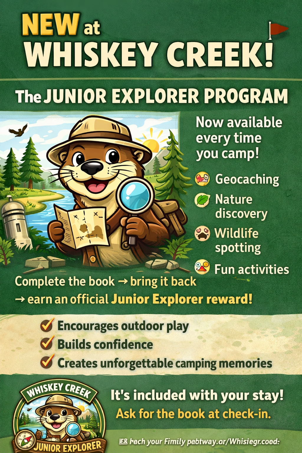 Junior Explorer Program at Whiskey Creek Family RV Park featuring Whiskers mascot with geocaching, nature, and kids camping activities