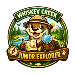Whiskey Creek Junior Explorer badge featuring Whiskers mascot with map and magnifying glass