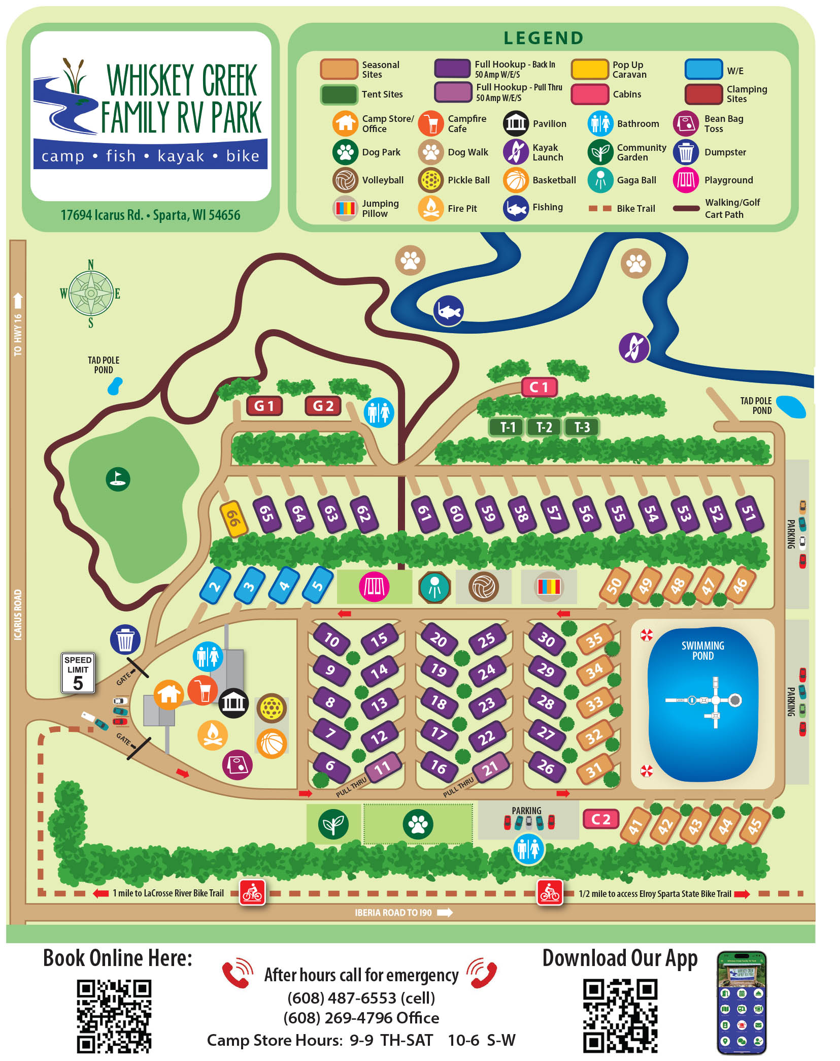 Campground Map of Whiskey Creek Family RV Park in Sparta WI with Campsites Amenities and Layout Whiskey Creek Family RV Park campground map in Sparta Wisconsin showing RV sites cabins swimming pond and amenities layout