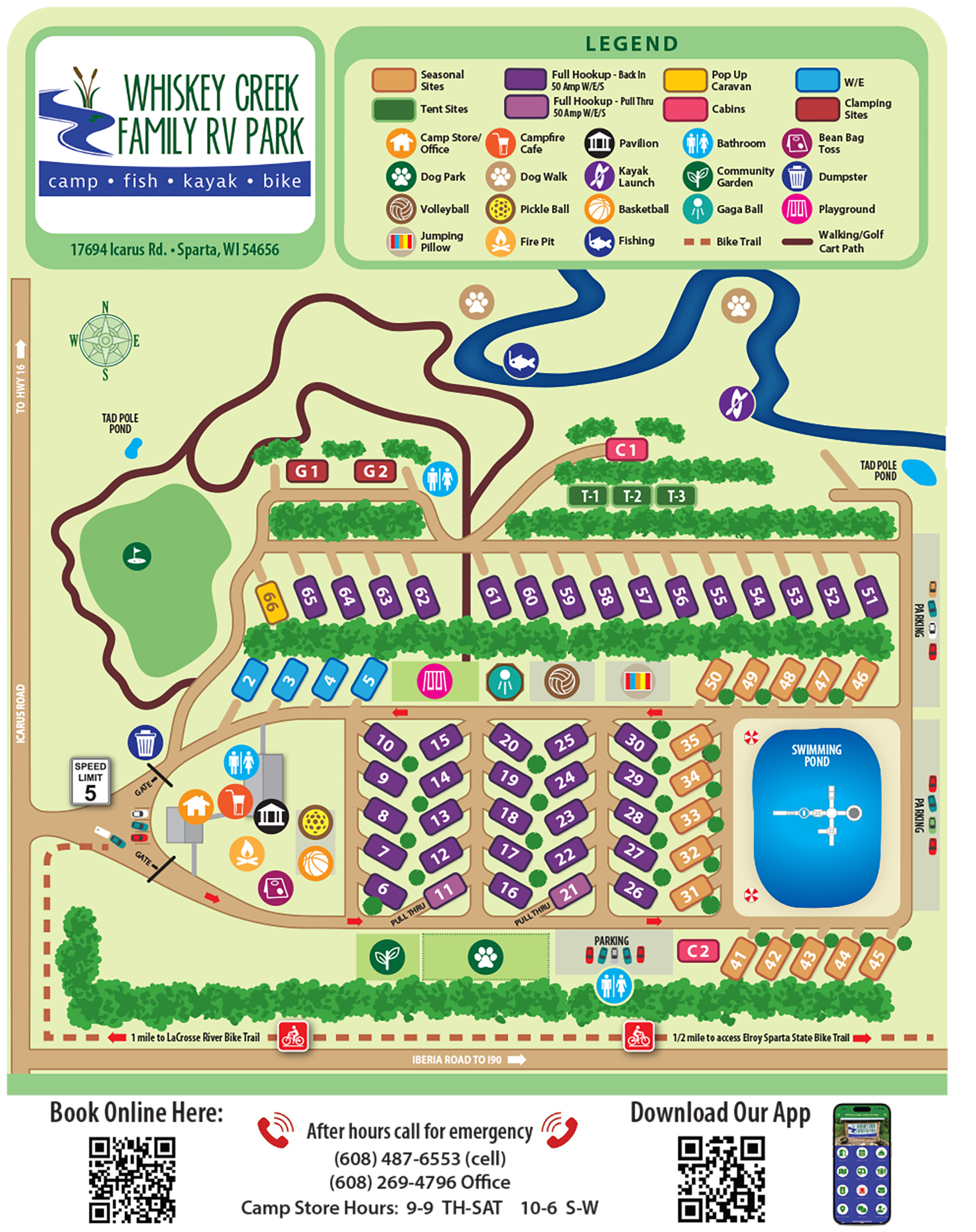 Whiskey Creek Family RV Park campground map in Sparta, Wisconsin
